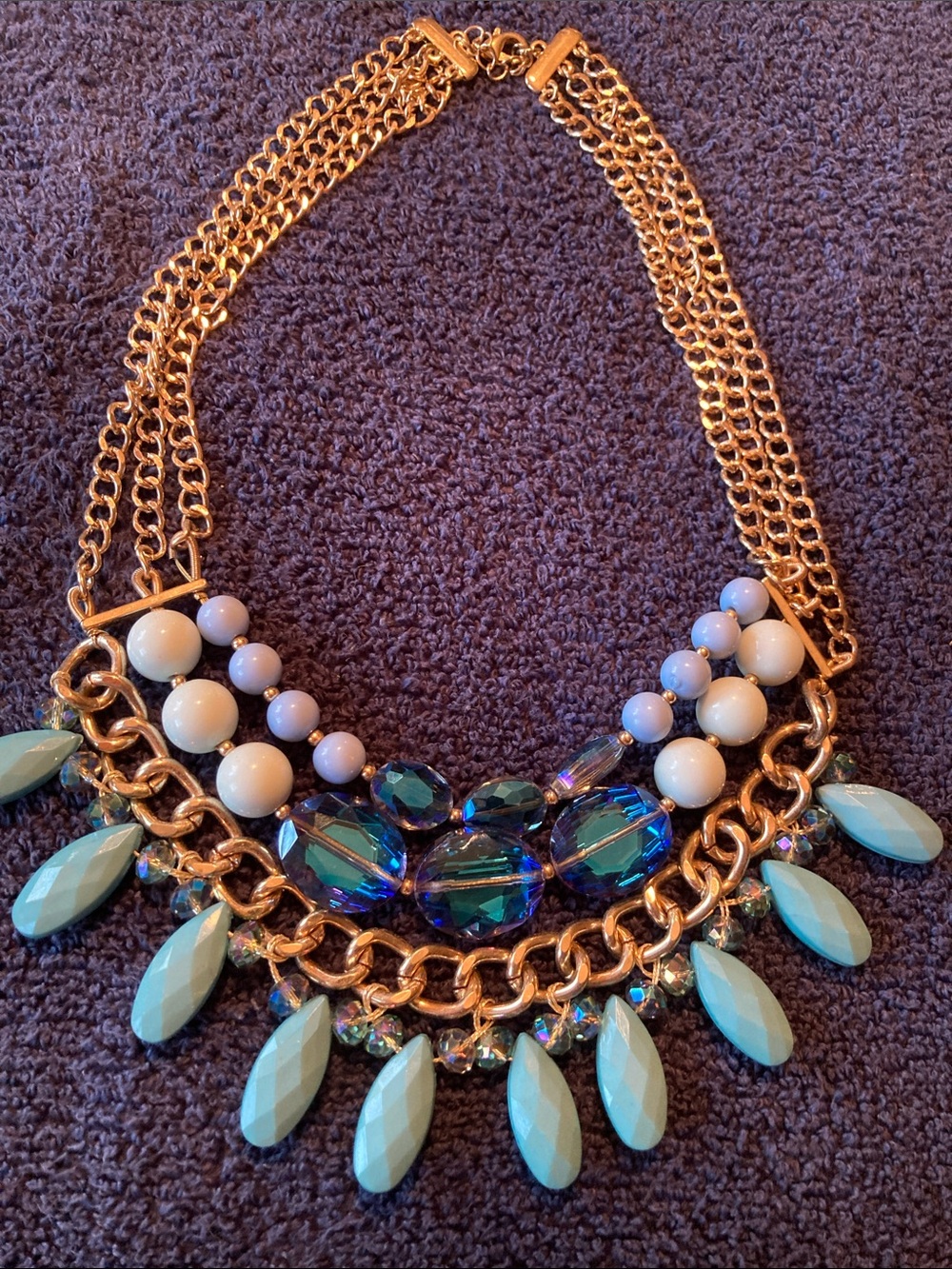 Gold Chain Statement Necklace with Blue and White Accents